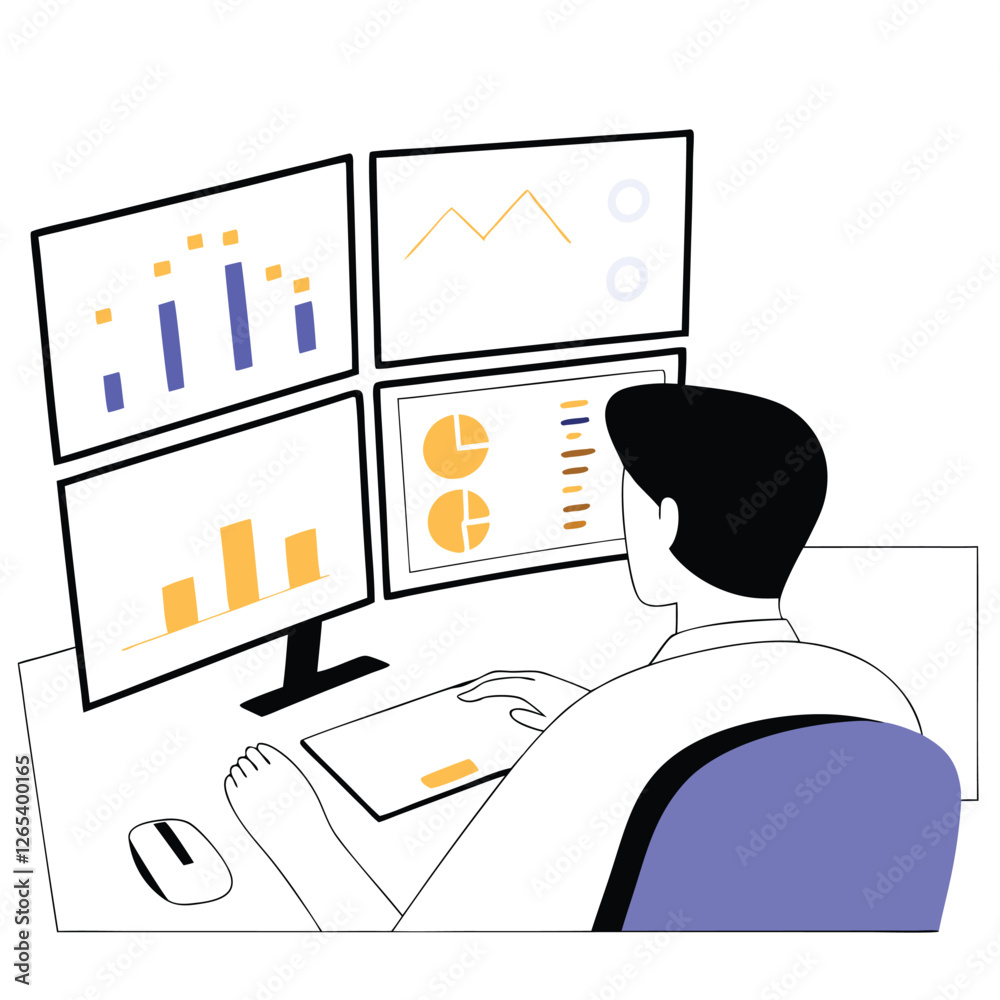 Poster a person, likely of european descent, is focused on analyzing data using several computer screens di