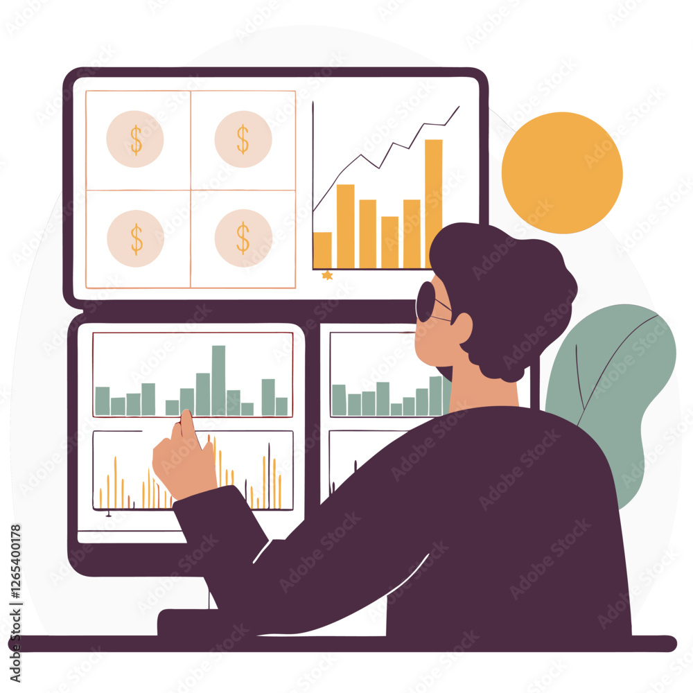 Poster a professional analyzing data on a computer screen, showcasing charts and graphs. the design utilize