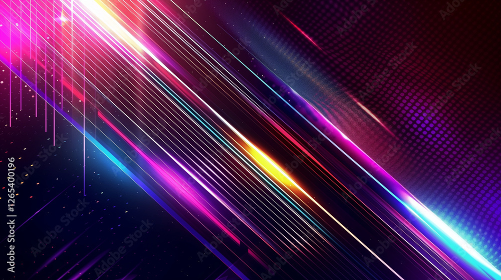 Poster A Vibrant Vector Background for Event Design. Dynamic Gradient Lines in Pink, Purple, and Blue on a Dark Backdrop. Abstract, Futuristic, and Glowing Line Pattern with Copy Space. Modern Technology Vec