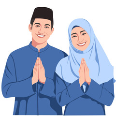 Fototapeta premium Muslim couple wishing happy eid al fitr isolated on white background