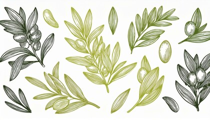 Leaf brush hand drawn ink elements. Green crayon texture brush  olive, flower, leaf  hand drawn illustration. Brush branch, botanical floral silhouette perfect any project