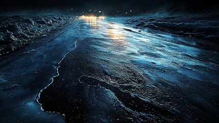 A wet and frozen road with black ice reflecting cityscape