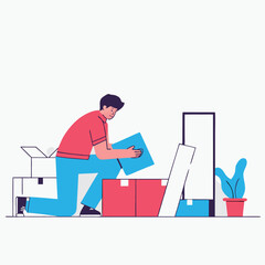 An illustration featuring a man from a mixed ethnicity, packing boxes and organizing items in a modern, minimalist living space. Perfect concept art.