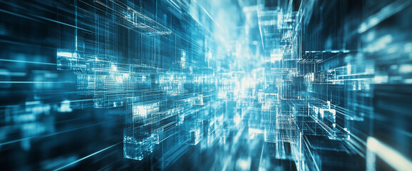 Obraz premium This image depicts a digital world, a futuristic cityscape of glowing lines and translucent cubes, suggesting rapid data flow and technological advancement.