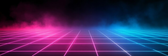 Neon Blue And Pink Grid With Futuristic, Glowing Lines On Dark Background, Digital Art