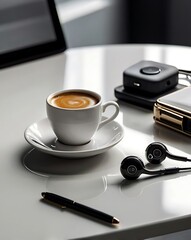 A sleek and modern workspace featuring a freshly brewed espresso on a glossy white desk