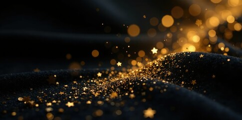 Obraz premium Sparkling gold glitter scattered on black velvet, luxurious fabric, sparkly texture, sparkly sheen