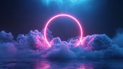 Neon Circle in Dreamlike Cloudscape: A Surreal Night Scene