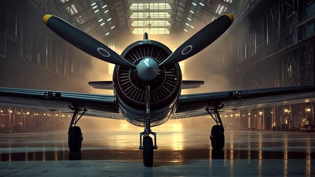 Vintage aircraft on display in a dimly lit hangar showcasing aviation history and craftsmanship
