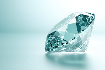 Elegant diamond gemstone on a light blue background with soft reflections and minimalist style