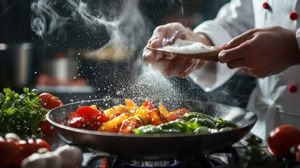 Culinary artistry: Chef seasoning vibrant vegetables in a sizzling pan, creating a culinary masterpiece.