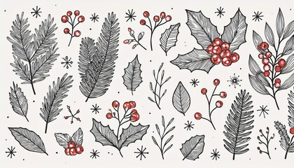 Christmas plant leaf, flower vintage set. Hand drawn doodle sketch holly floral, xmas tree leaves, winter branch elements. Holiday decoration, floral wreath sketch doodle. Vector