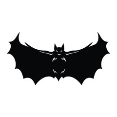 A dramatic black silhouette of a bat with outstretched wings, against a plain white background.