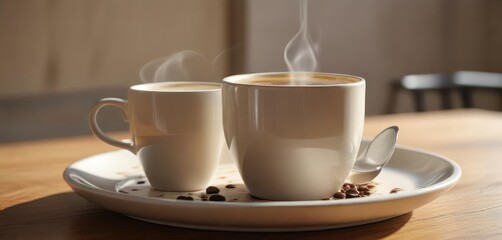 Steamed milk and coffee on a ceramic plate with blurred background, coffee, steamed milk