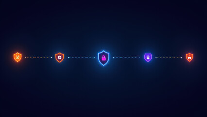An abstract illustration with a cybersecurity theme featuring shields and icons of protection.