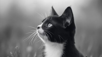 Black and white cat outdoors looking up, grass background; pet profile