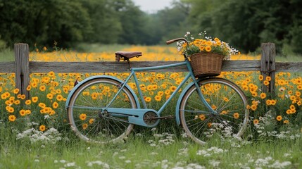 Fototapeta premium Vintage bike with flowers, rustic wooden fence, meadow. Possible use Greeting card, poster, website