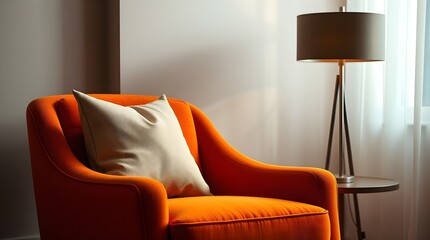 orange armchair with plush cushions and modern lamp in a cozy interior