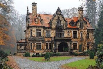 Obraz premium Majestic historic mansion surrounded by autumn foliage, showcasing intricate architecture and serene landscape