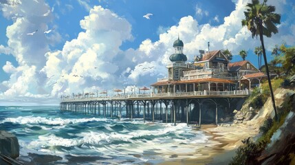 Obraz premium Seaside Pier Scenic View, Tourists Relaxing, Sunny Day, Coastal Landscape