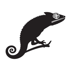 A simple, black silhouette of a chameleon clinging to a branch.