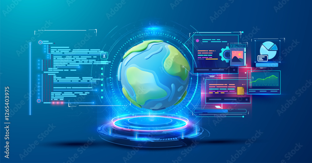 Poster 3d vector illustration of a spinning globe surrounded by data and analytics visualizations in a futu