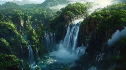 Lush rainforest waterfalls cascade down dramatic cliffs, misty mountains in background