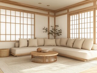 Cozy zen interior with shoji screens and comfortable corner sofa
