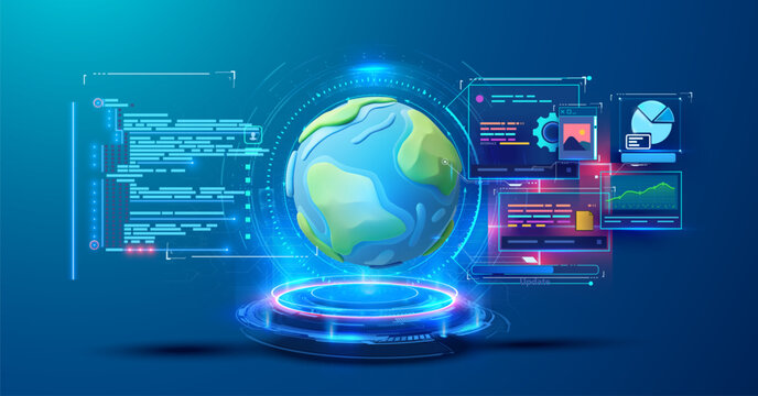3D vector illustration of a spinning globe surrounded by data and analytics visualizations in a futuristic setting