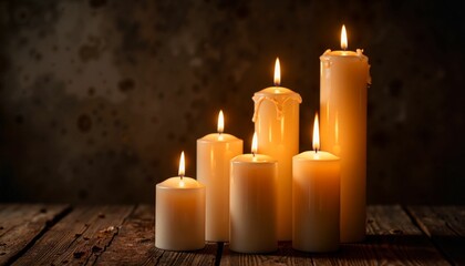 Warm candle glow on rustic wooden surface, creating serene ambiance