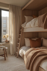 Photographie immobilière d’une chambre d’enfant moderne avec un mobilier aux tons pastels à la fois ludique et épuré. HDR, 3D, design, tendance, architecte