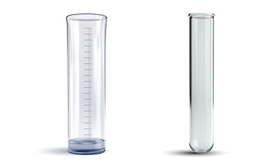 3D vector illustration of laboratory glassware featuring a graduated cylinder and a test tube for scientific research applications