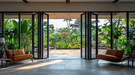 Fototapeta premium Tropical home interior, open doors, garden view, sunlight, relaxation