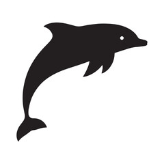 A clean, bold silhouette of a dolphin in a dynamic leaping pose against a white background.