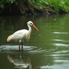 Swamp water surface with a stork wading through murky depths, mire, weather