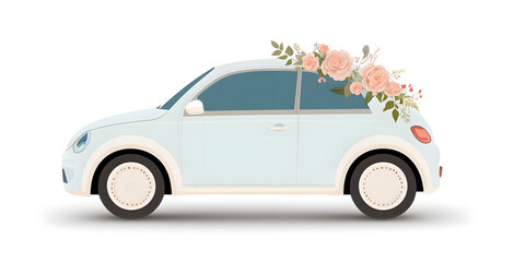 Fototapeta premium Pastel vehicle adorned with delicate floral arrangement, creating a charming and romantic aesthetic. Perfect for weddings and special occasions.