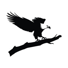 A bold black silhouette of an eagle with outstretched wings, perched on a sturdy tree branch.