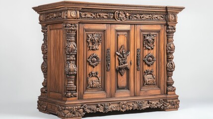 Ornate carved wooden cabinet, studio shot, against plain background