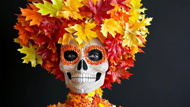 Festive skeleton with autumn leaves in vibrant colors celebrating the spirit of the season