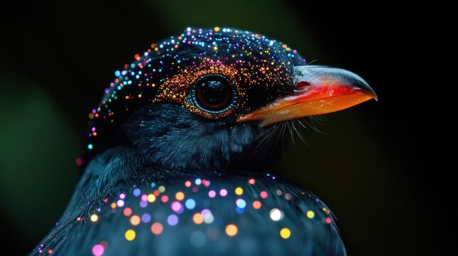 A bird with colorful glitter on its face. The bird is black and white with a red beak. The glitter is spread all over the bird's face, giving it a sparkling and magical appearance