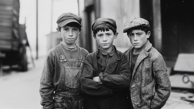 Black and white shot of three young boys. The shot seems to be taken a long time ago.