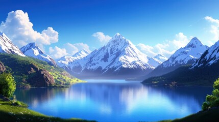 Fototapeta premium A breathtaking view of majestic mountains reflecting in a serene lake under a clear blue sky. The scene captures the tranquility of nature, inviting exploration and reflection.