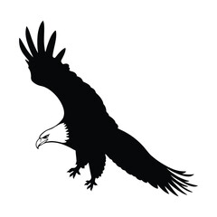 A strong, dynamic black silhouette of a bald eagle in flight.