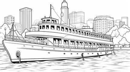 Fototapeta premium Yacht moored in urban harbor, line art style. Neural network AI generated