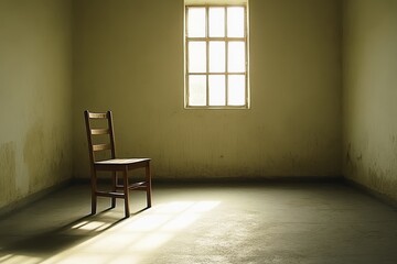 Single chair in an empty room light streaming through a small window.