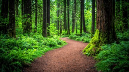 Obraz premium Serene Path Through Lush Green Forest Surrounded by Tall Trees and Ferns on a Bright Sunny Day in Nature's Beauty