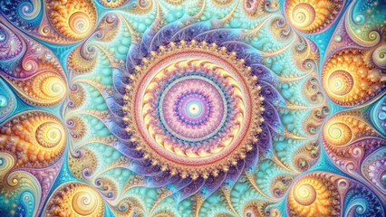 Swirling vortex of pastel colors with intricate patterns resembling fractals and mandalas, pastel colors, futuristic patterns, psychedelic patterns