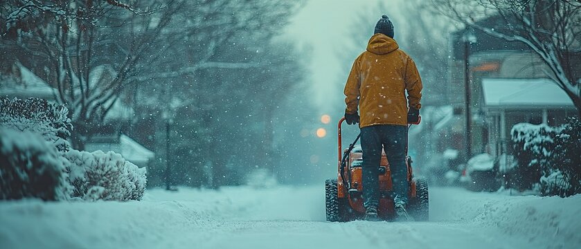 Man snowblowing in snowy neighborhood