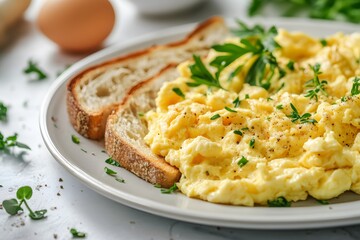 Scrambled eggs served with toast and fresh herbs on a plate.