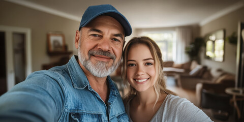 Obraz premium A middle-aged man with gray hair poses happily with a young woman, capturing a joyful moment in a welcoming living room filled with light